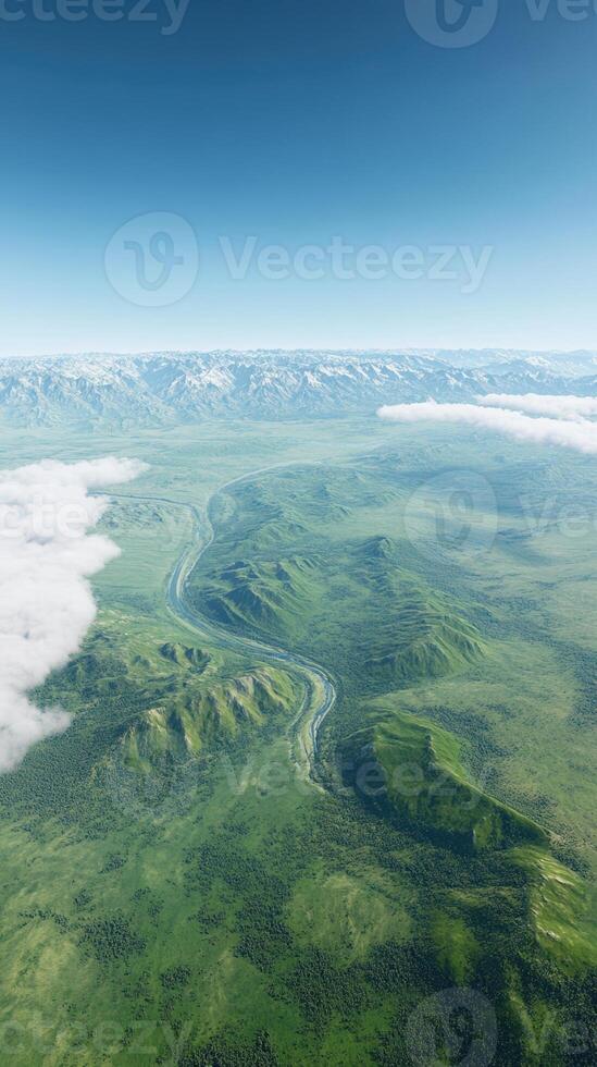 Vertical 3D Illustration of Planet Earth from Space Showing Lush Green Landscapes, Majestic Mountains, and Serene Clouds Under a Clear Blue Sky in a Stunning Nature Scene photo