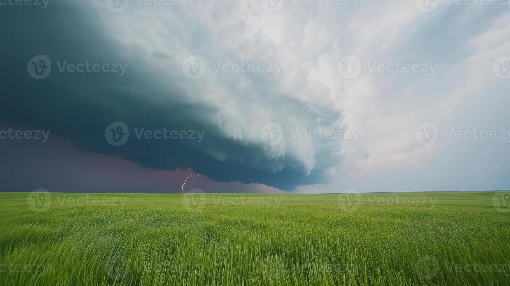Dramatic Thunderstorm Over Open Field with Striking Bolts of Lightning and Heavy Clouds in a Moody Sky Atmosphere photo
