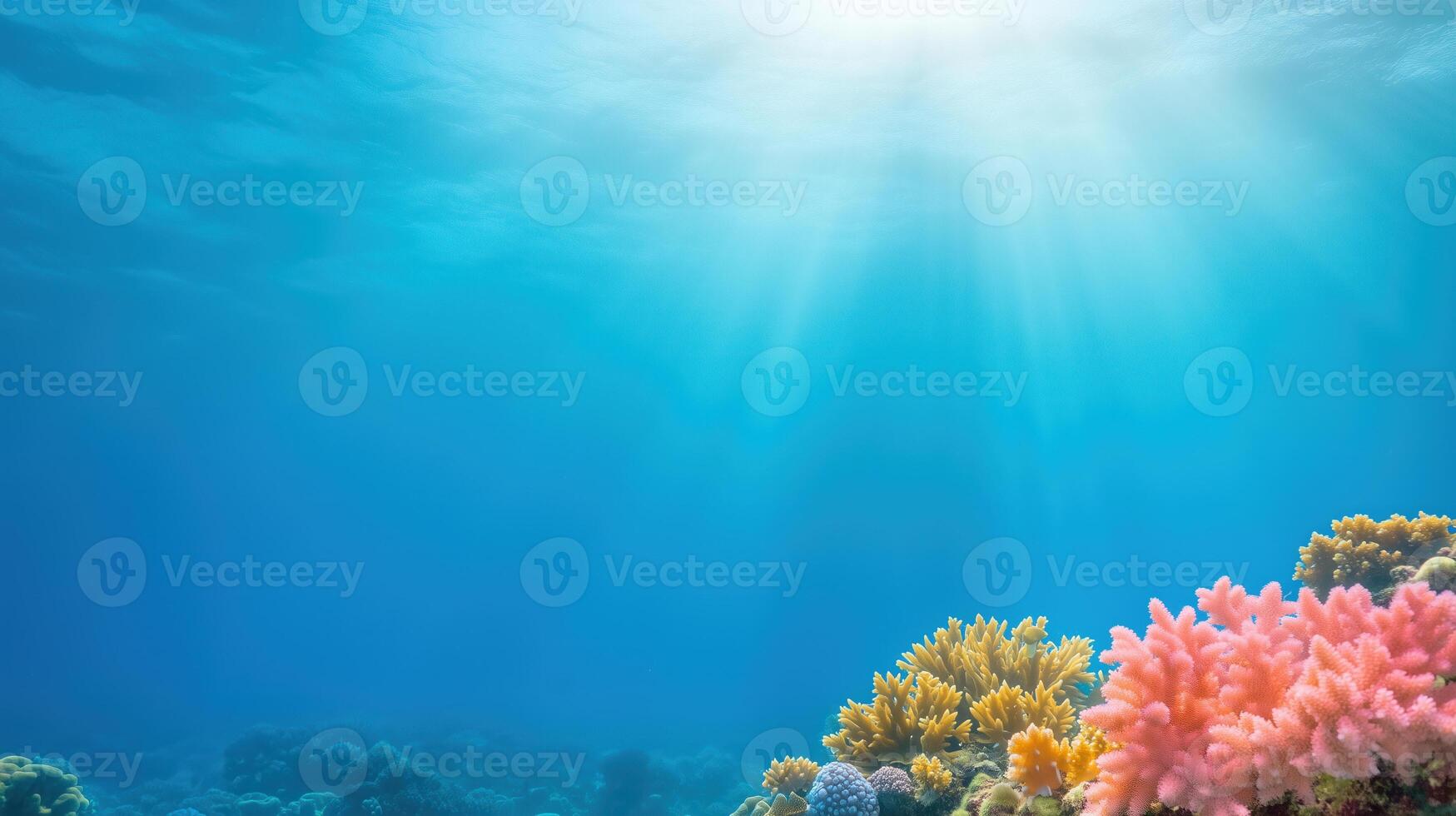 Underwater Coral Reef Scene with Vibrant Marine Life, Sun Rays Penetrating Through Clear Blue Water, Diverse Coral Species, Rich Ecosystem, Tranquil Oceanic Habitat, Biodiversity, Conservation photo