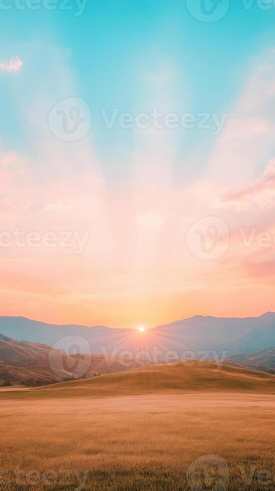 Stunning Vertical of Vivid Sunset with Sunsetting Behind Clouds over Simi Valley Hills with Radiant Sky Colors and Scenic Horizon View for Nature and Landscape Photography photo