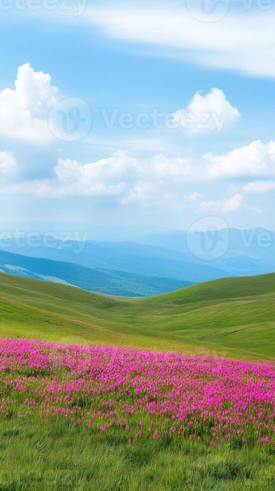 Scenic View of Balkan Mountains and Pink Wildflowers Under a Clear Summer Sky with Rolling Hills and Clouds Capturing the Tranquil Beauty of Nature and Mountain Landscape Photography photo