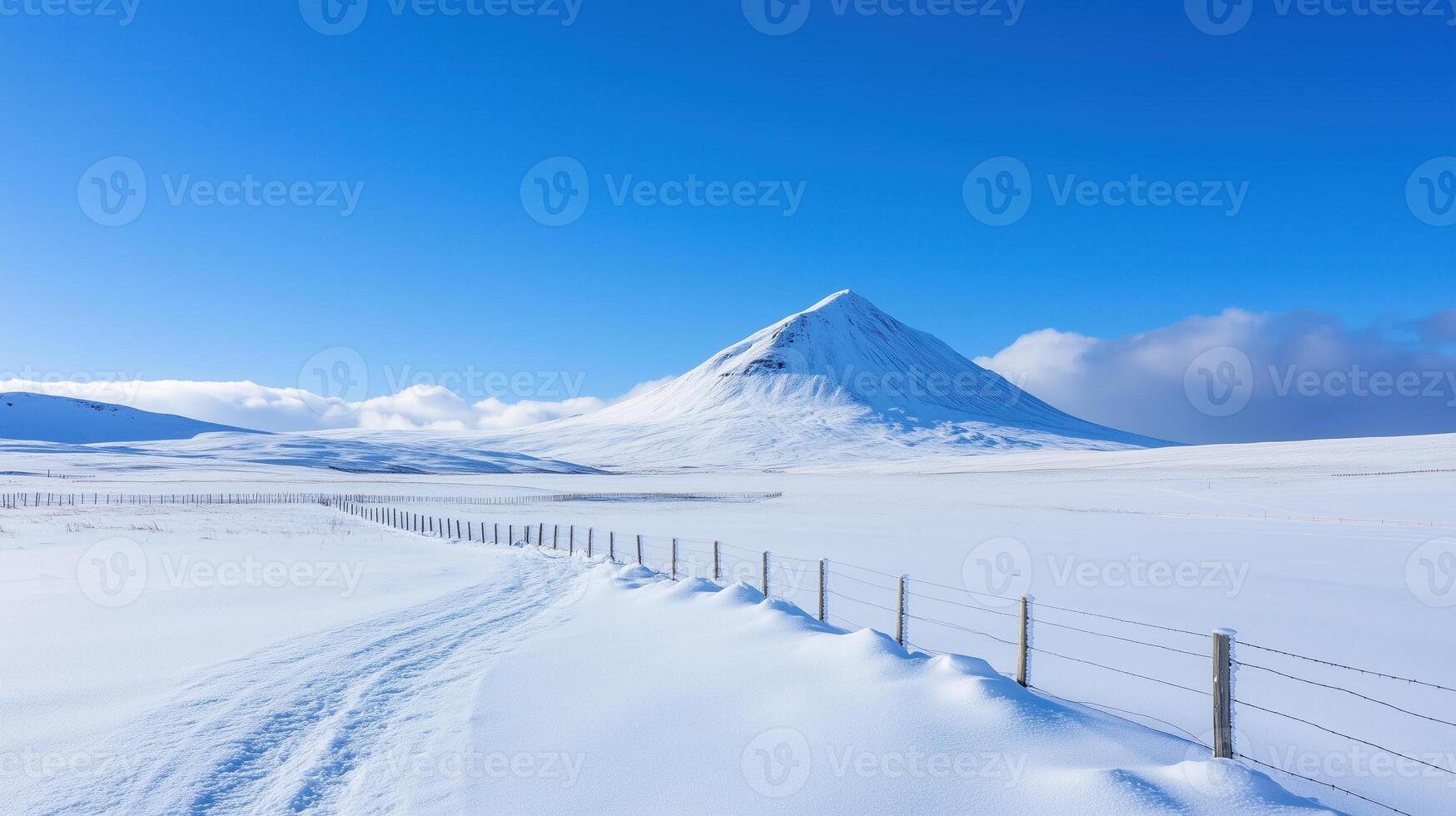 Snow-Capped Volcano Under Clear Blue Sky on Sunny Winter Day Featuring Expansive White Landscape with Fence and Cloudy Horizon Highlighting Majestic Natural Beauty and Epic Light in AR 169 Style photo