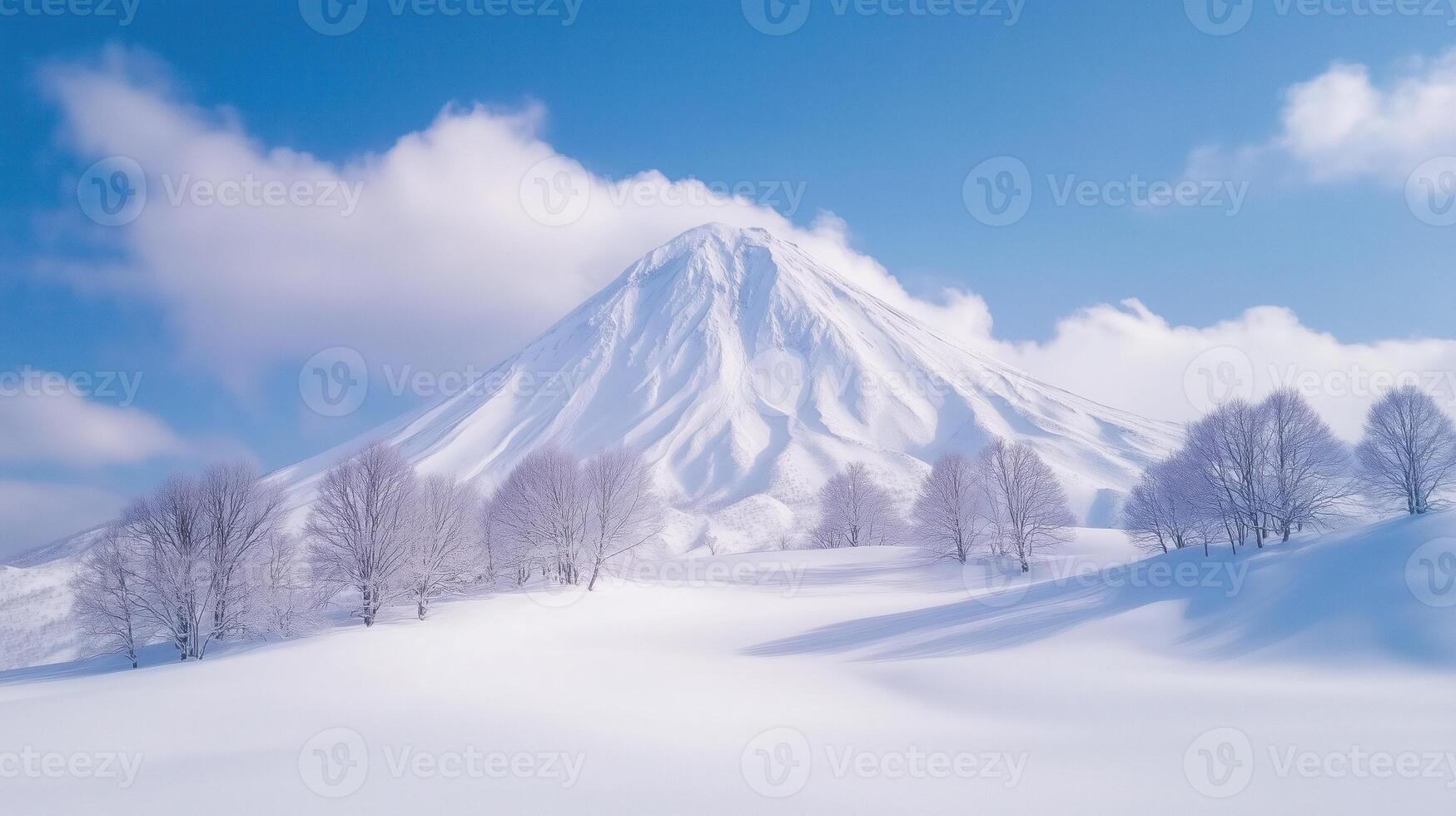 Snow-Covered Volcano Under Clear Blue Sky with Sunlit Landscape and Trees in Winter Scenery Showcasing Serene Beauty and Natural Wonder in 169 Aspect Ratio for Visual and Design Inspiration photo
