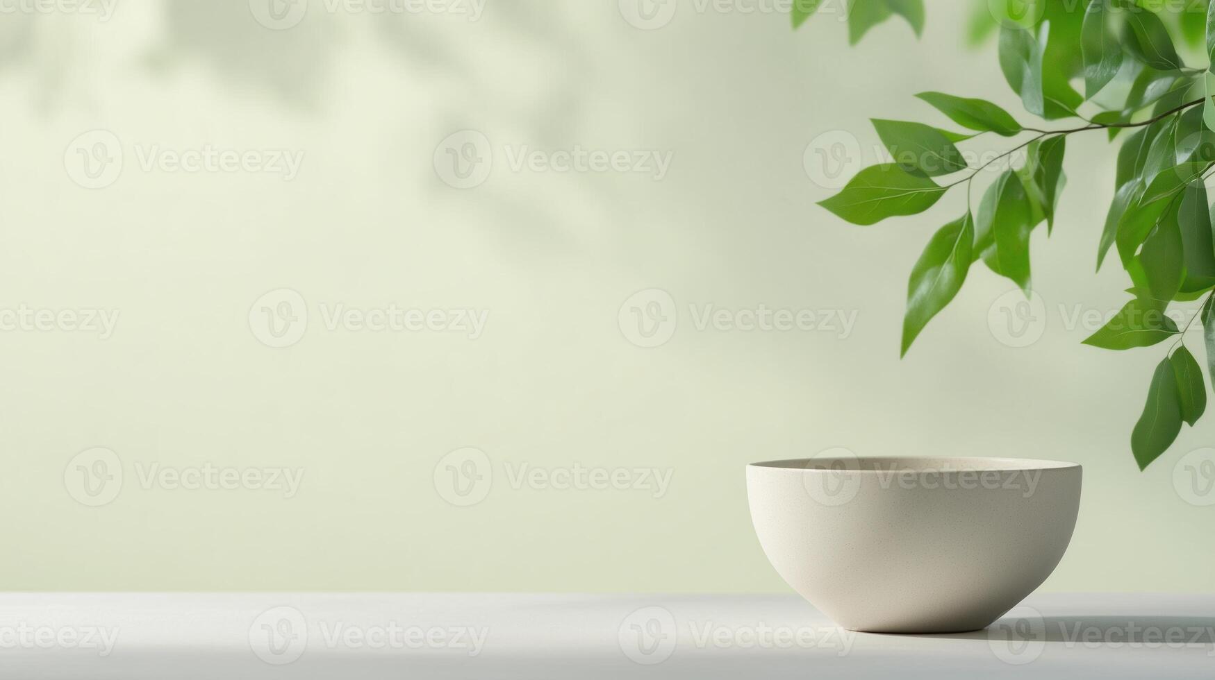 Tranquil Minimalist Setting with Ceramic Bowl and Green Branches Complementing Soft Green Background, Ideal for Balanced Meal or Zen Lifestyle Concepts, Emphasizing Simplicity and Harmony photo