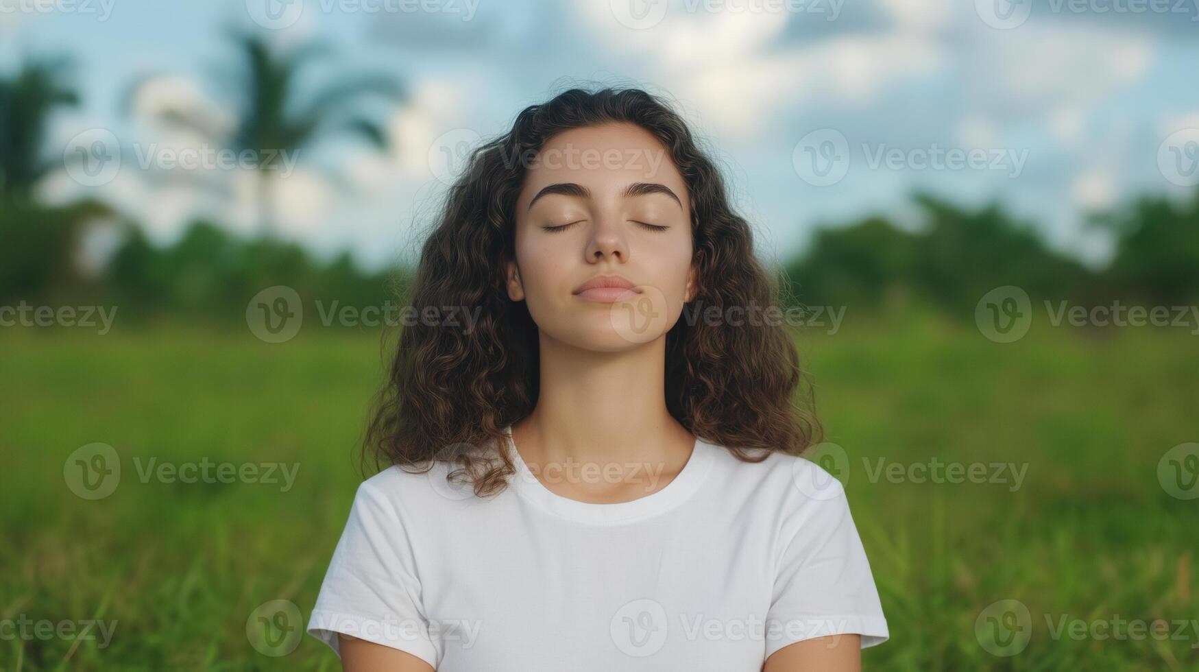 Woman Practicing Mindfulness Meditation in a Serene Natural Setting with Lush Green Background and Calm Atmosphere photo