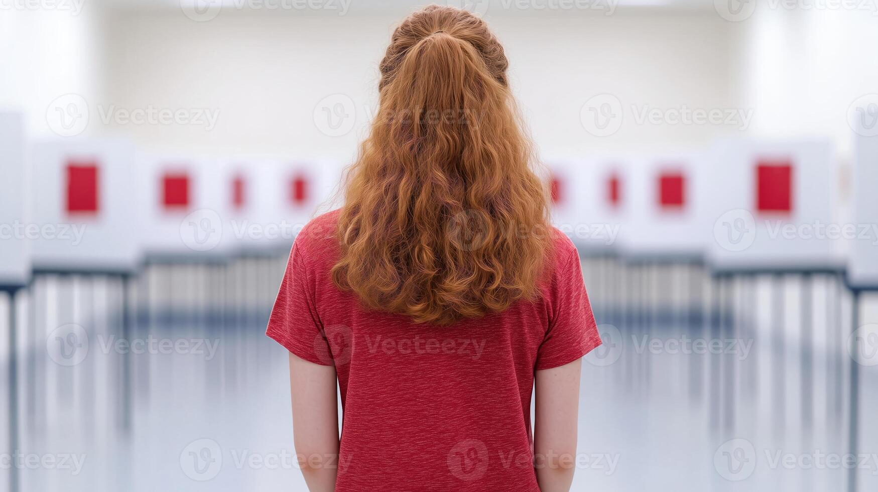 Rear View of Woman with Red Hair in Voting Booth Area Reflecting Democracy and Civic Engagement During USA Elections photo