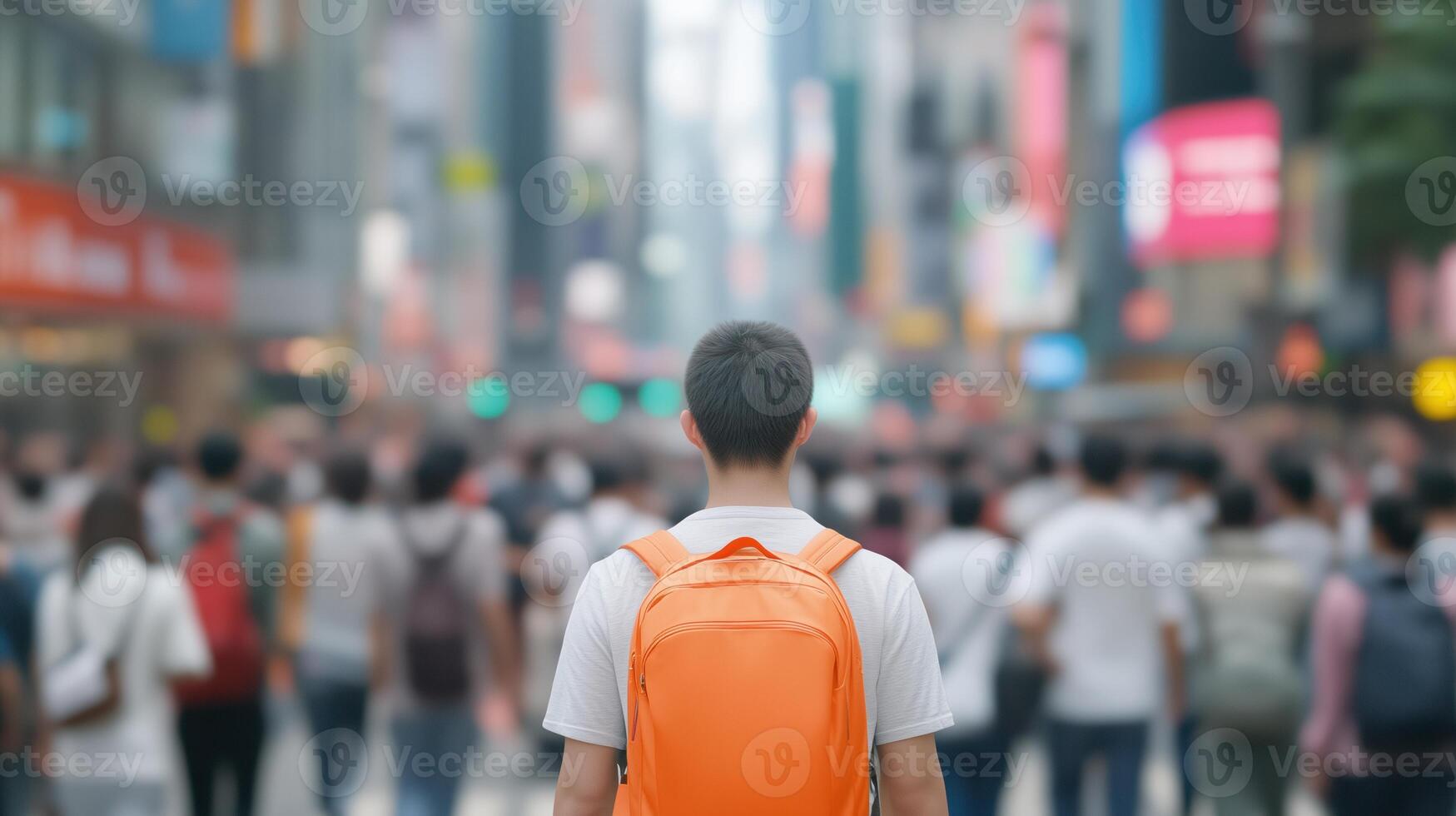 Anonymous People Crossing Busy Street in Big City With Diverse Crowd and Vibrant Urban Vibe on a Sunny Day photo