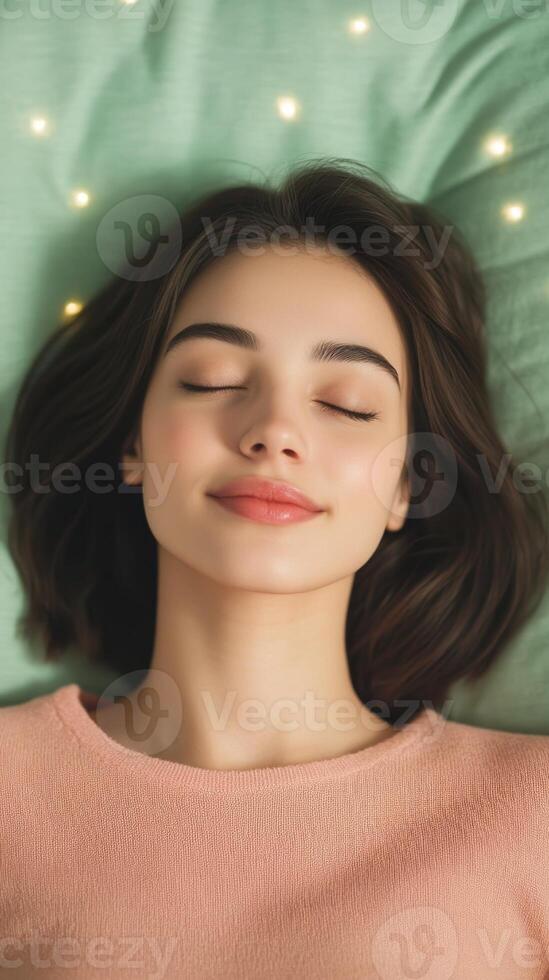 Serene Woman Sleeping Peacefully on Pillow in Soft Light for Relaxation and Sweet Dreams Concept photo