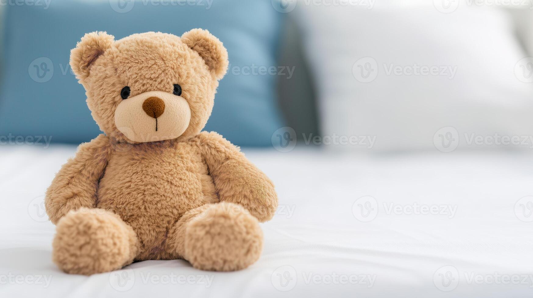 Cute Teddy Bear Sitting on Patient Bed in Hospital Room Setting, Symbolizing Comfort and Care, Soft Toy Scene with Blue and White Pillows, Ideal for Healthcare, Children and Recovery Concepts photo