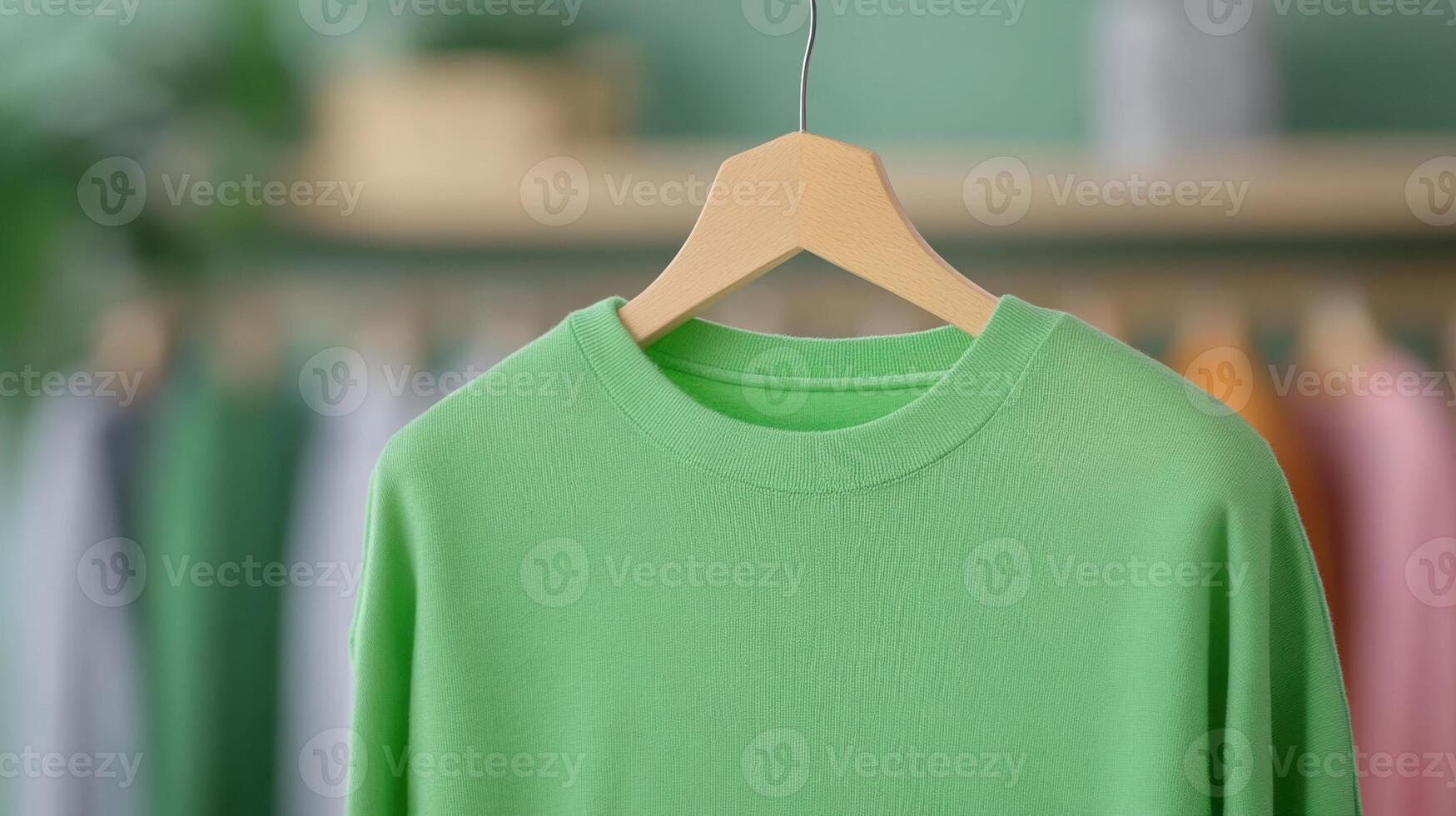 Green Shirt Display on Wood Hanger in Fashion Store with Blurred Multicolor Background and Natural Lighting for Retail Design and Style Emphasis with Green Color Highlight photo
