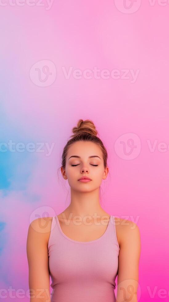Peaceful Meditation of a Relaxed Woman Against Pink and Blue Gradient Background, Capturing Spiritual Energy and Calmness for Mindfulness Wellbeing and Inner Peace Concepts in Stock Photography photo