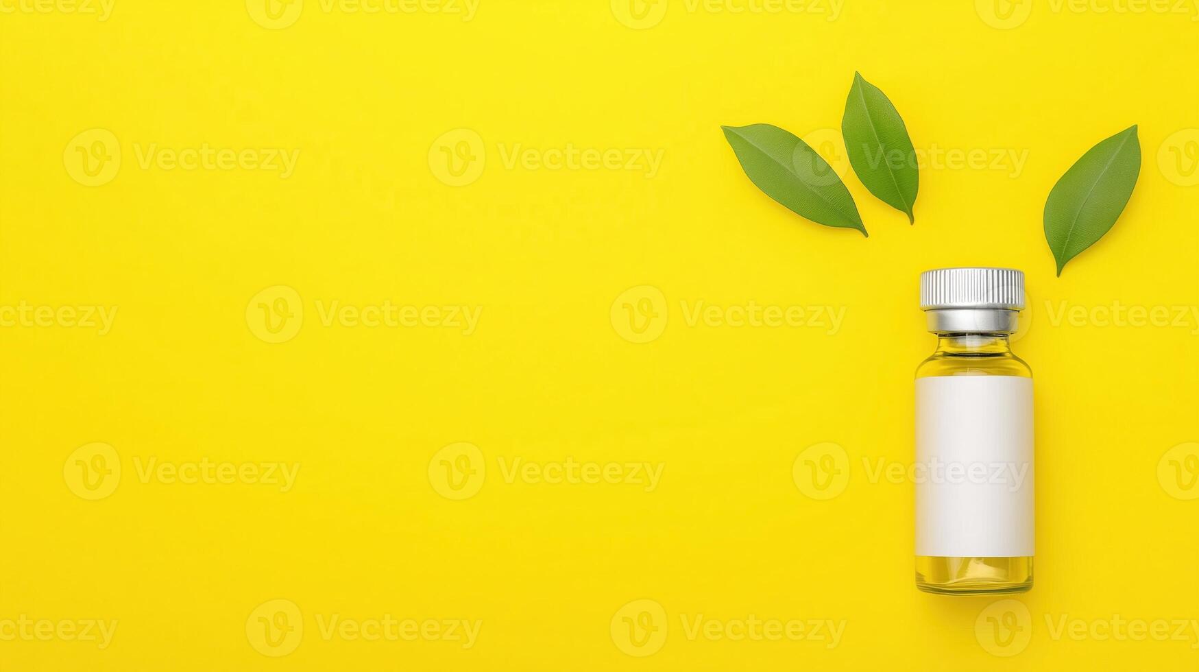 Vial on Bright Yellow Background with Green Leaves for Medical and Health Themes photo
