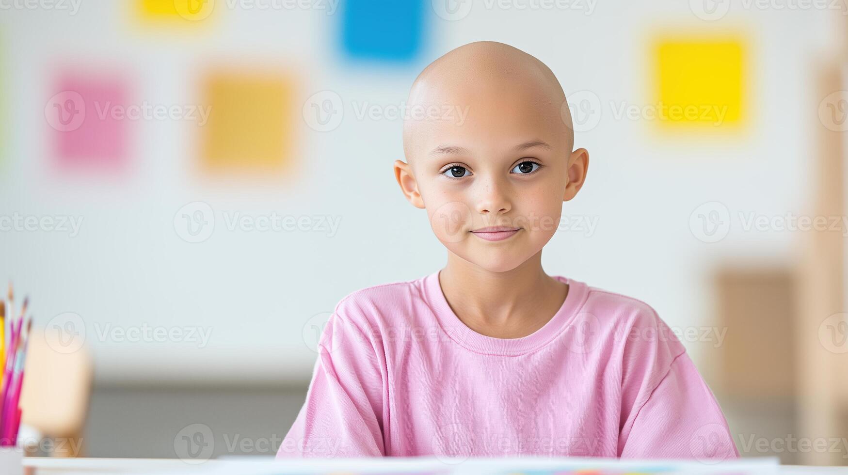 Confident Child With Alopecia Smiling Classroom Setting, Embracing Diversity and Strength in Education, Featuring Bright Artworks and Positive Atmosphere, Inspirational and Empowering Scene photo
