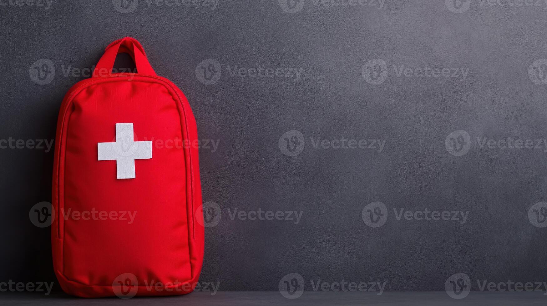 Emergency First Aid Kit on Plain Background for Medical and Educational Use, Red Backpack with White Cross, Isolated View, Suitable for Healthcare and Safety Concepts photo
