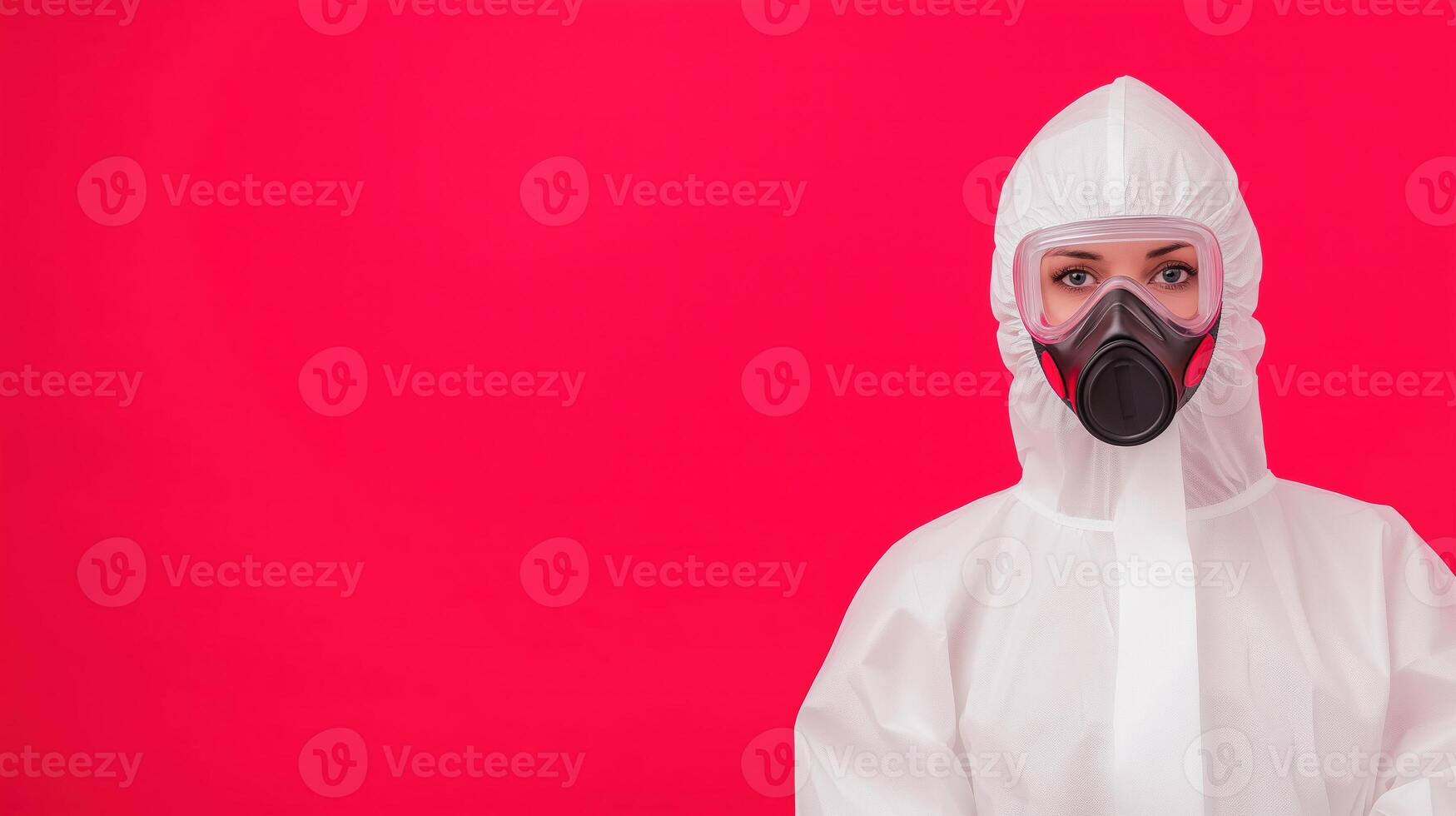 Person in Protective Gear for Asbestos Testing on Bold Red Background with Copy Space Highlighting Safety and Professionalism in Hazardous Work Contexts photo