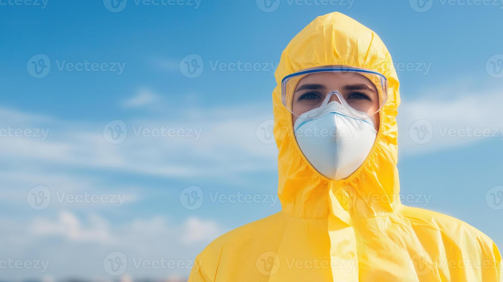 Person in Protective Gear for Asbestos Testing Highlighting Safety, Environmental Protection, Hazardous Material Handling, Wearing Yellow Suit, Face Mask, Goggles Under Blue Sky, Outdoor Setting photo