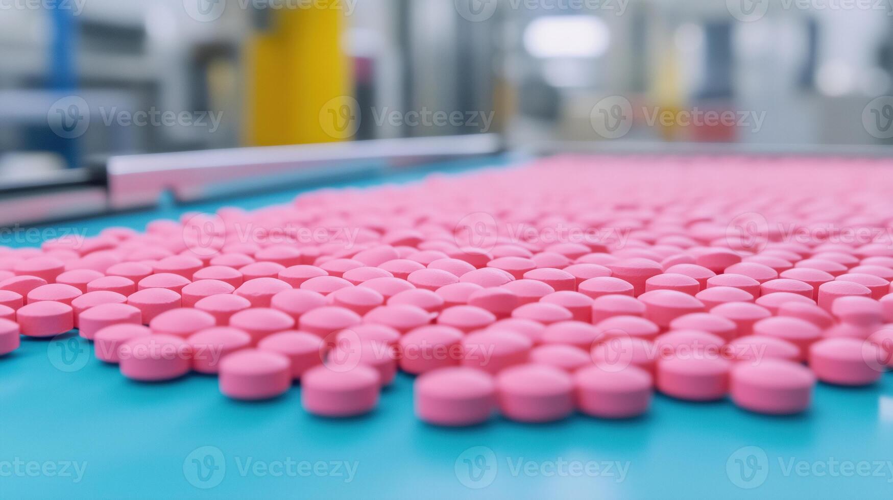 Pharmaceutical Production Line Creating Pink Tablets in a Modern Factory Setting for Medical and Healthcare Industry with Focus on Automation, Efficiency, Manufacturing, and Industrial Processes photo