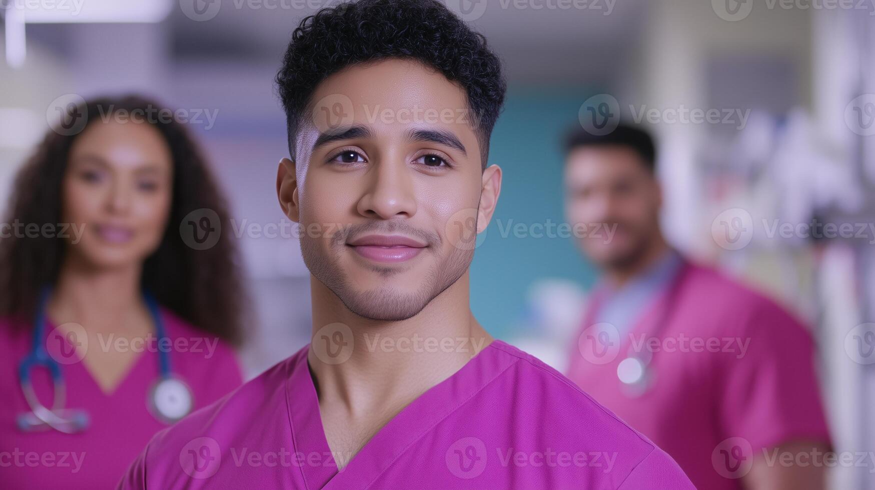 Diverse Healthcare Professionals in Pink Scrubs Smiling in Medical Facility Corridor with Stethoscopes, Promoting Teamwork and Inclusivity in Modern Medical Practice, Shallow Depth of Field photo