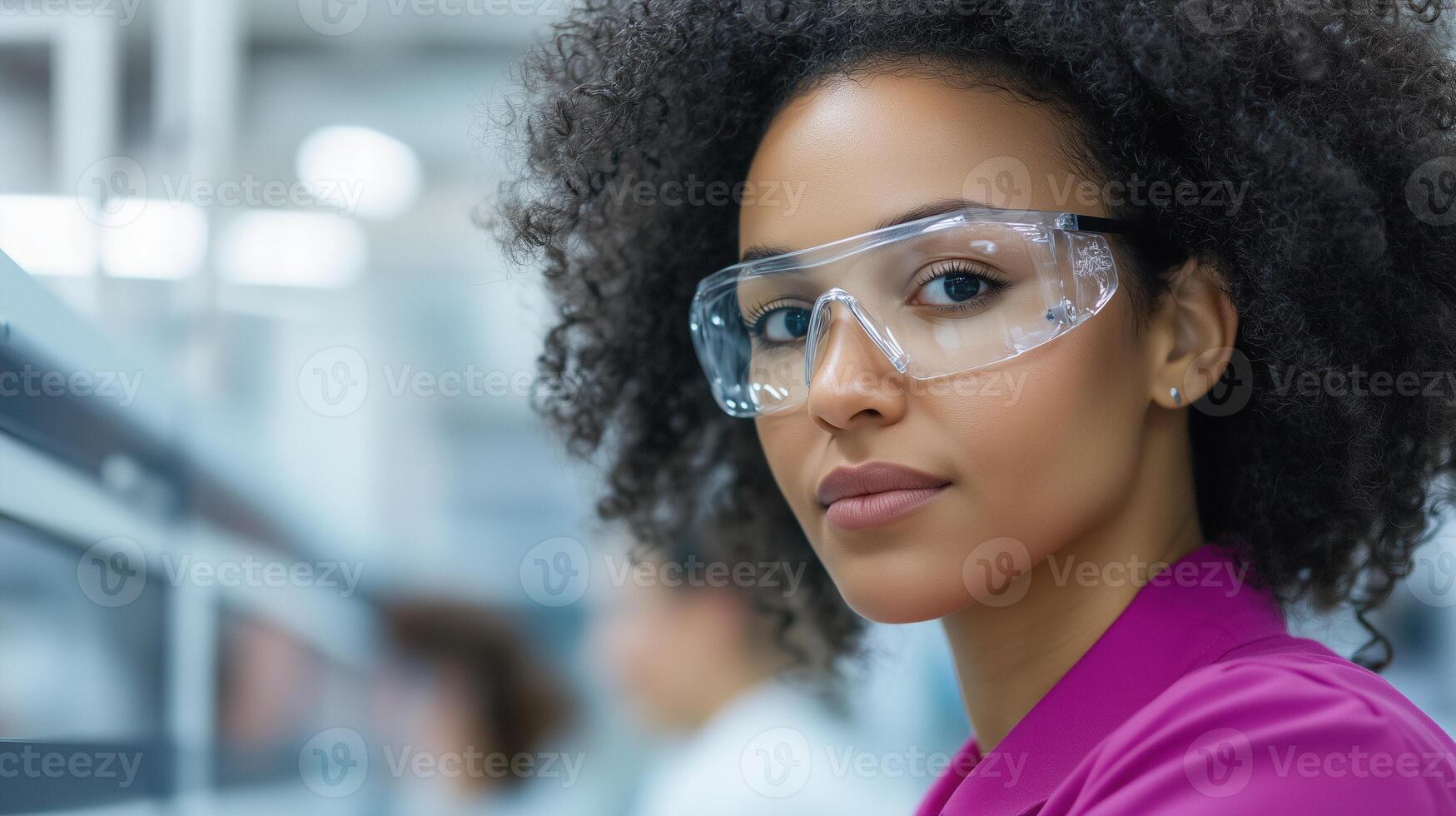 Confident Woman Scientist in Lab Wearing Safety Glasses with Focused Expression and Curly Hair in White Coat photo