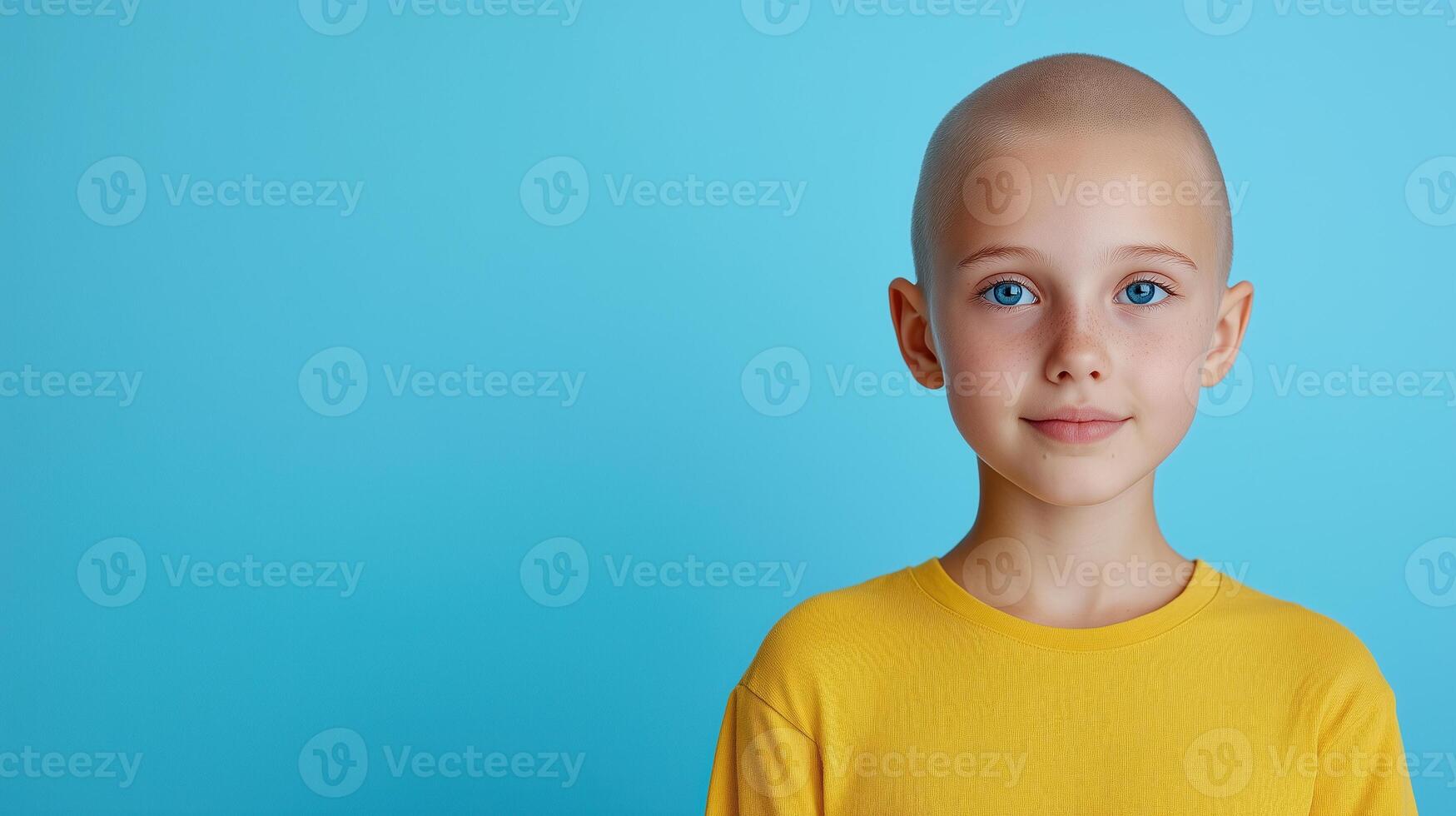 Confident Child With Alopecia Smiling in Classroom Setting, Embracing Diversity and Strength in Education, Featuring Bright Artworks and Positive Atmosphere, Inspirational Empowering Scene photo