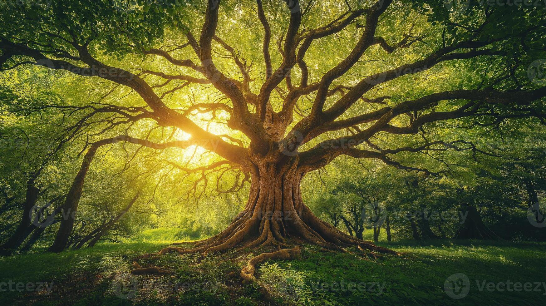 Majestic Ancient Tree in Lush Green Forest with Sun Rays Creating Serene Natural Scene Perfect for Earth Day Celebration and Nature Photography Inspirational Background photo