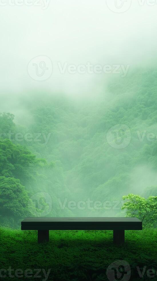 Misty Green Screen Forest Landscape With Bench Ideal For Nature Background Imagery Featuring Lush Greenery And Tranquil Atmosphere, Conceptual Design For Editing, Dreamy Scenic View photo