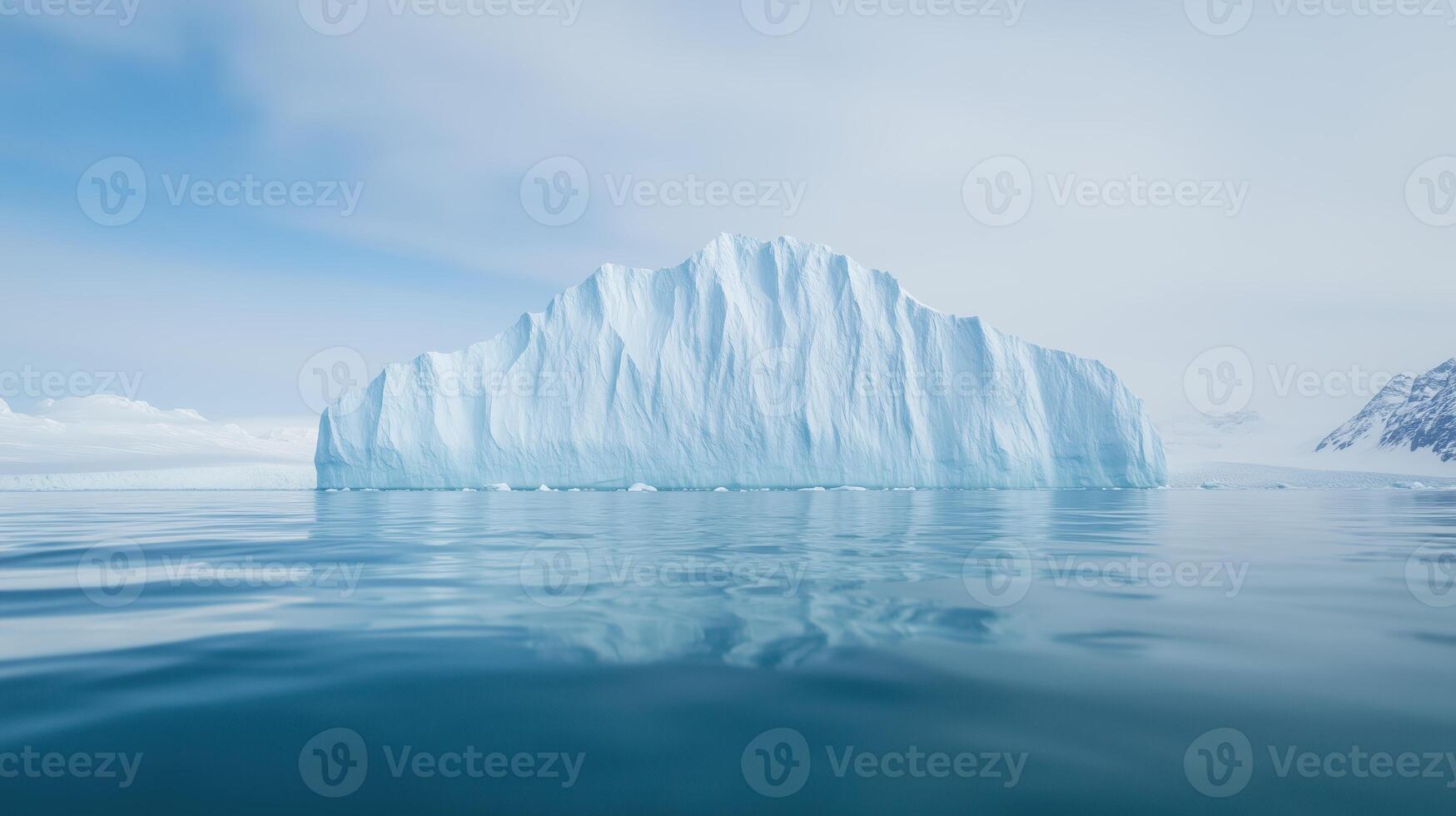 Iceberg Above and Below Water in a Panoramic View Capturing Raw Natural Beauty and Serenity of Arctic Landscape with Snowy Mountains and Clear Reflections in Perfect Nature Scene photo