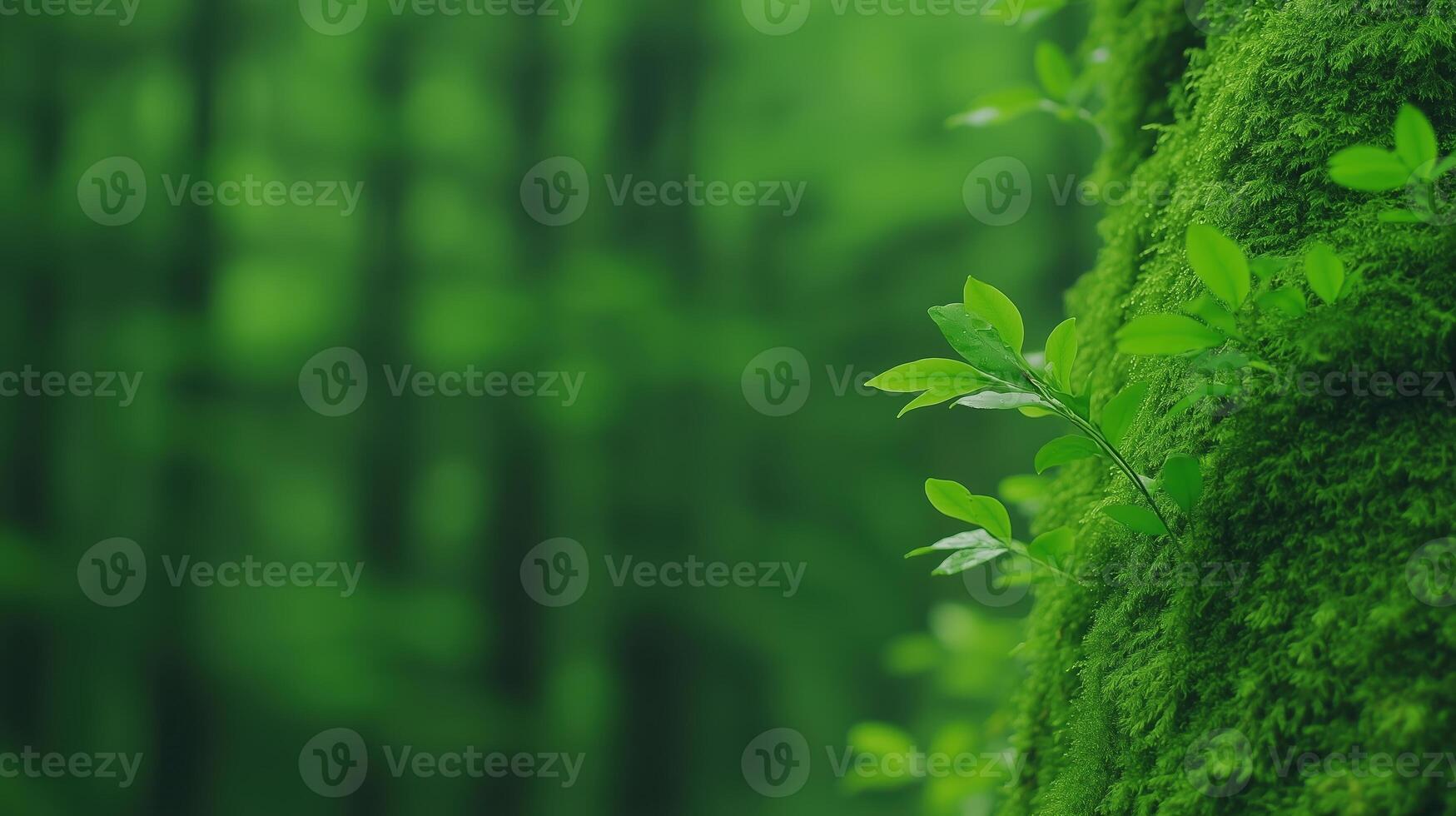 Close-up of fresh green leaves growing on moss-covered tree trunk in a forest with blurred background photo