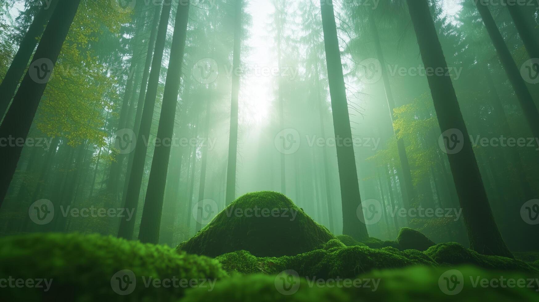 Morning Sunlight Penetrating Through Trees in Urbasa Forest with Dense Green Foliage and Moss-Covered Ground, Depicting a Serene Woodland Scene photo