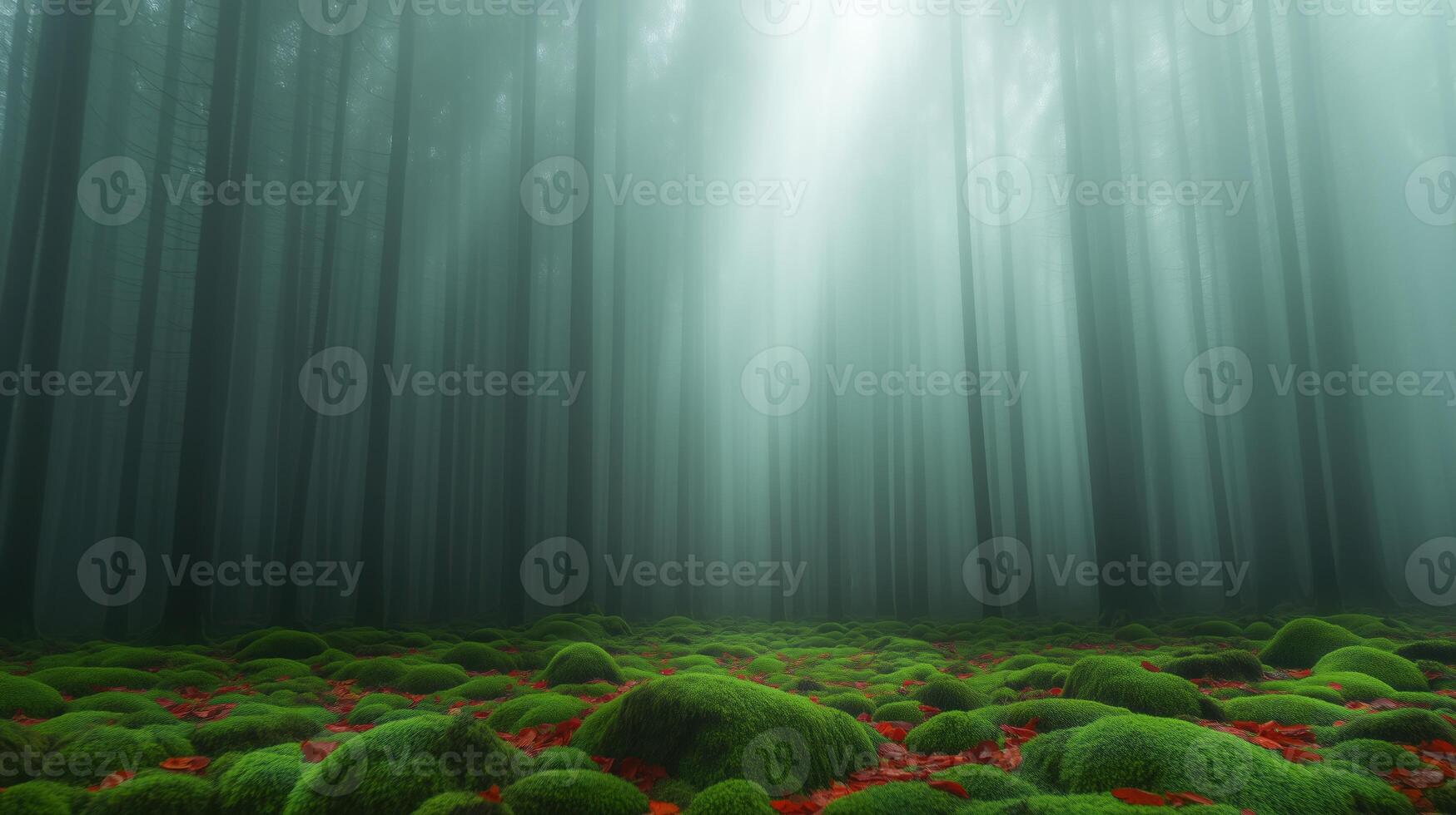 Morning Light Filtering Through Mystic Urbasa Forest with Green Moss and Tall Trees in Serene Landscape photo
