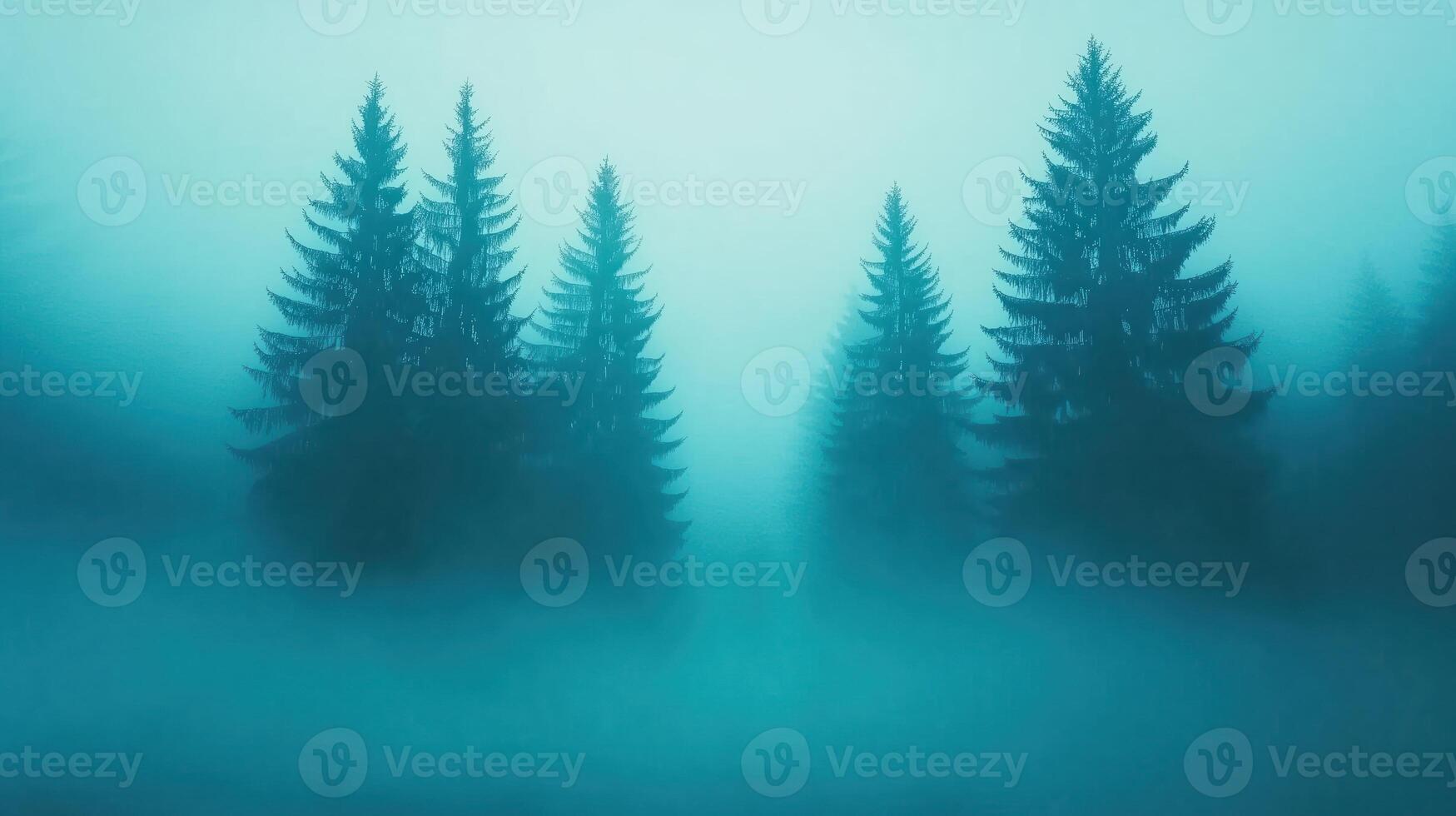 Mystical Dark Foggy Forest Pathway with Tall Evergreen Trees and Dense Blue Mist Creating an Eerie Atmospheric Scene Perfect for Spooky Themes Enveloped in a Serene Enchanting Aura photo
