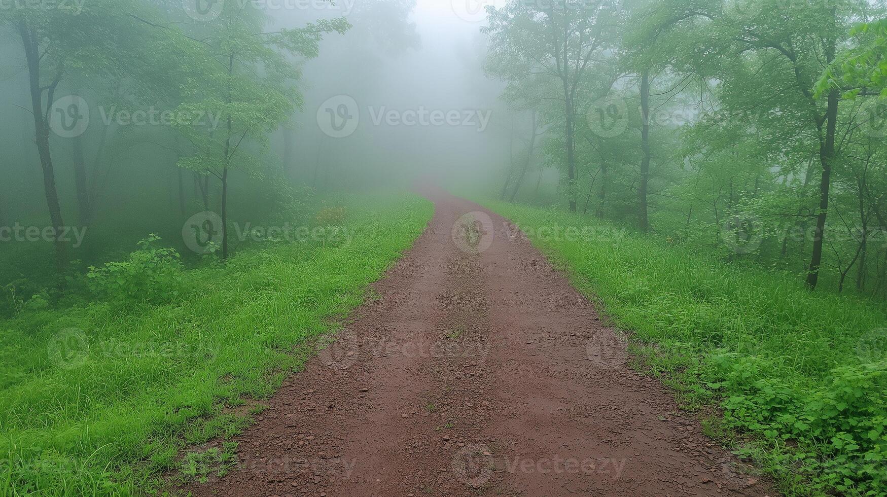 Mystical Foggy Forest Path with Lush Greenery and Mysterious Atmosphere Captured in Early Morning Light photo