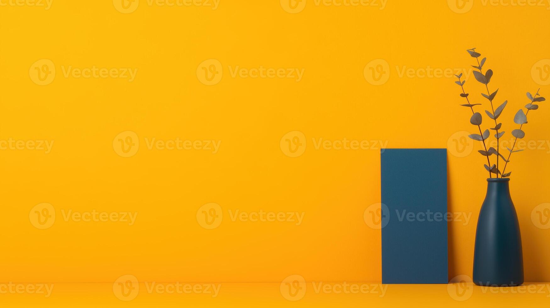 Minimalist Yellow Background with Blue Vase and Foliage for Modern New Year Event Branding Design Emphasizing Bold Color Contrast photo