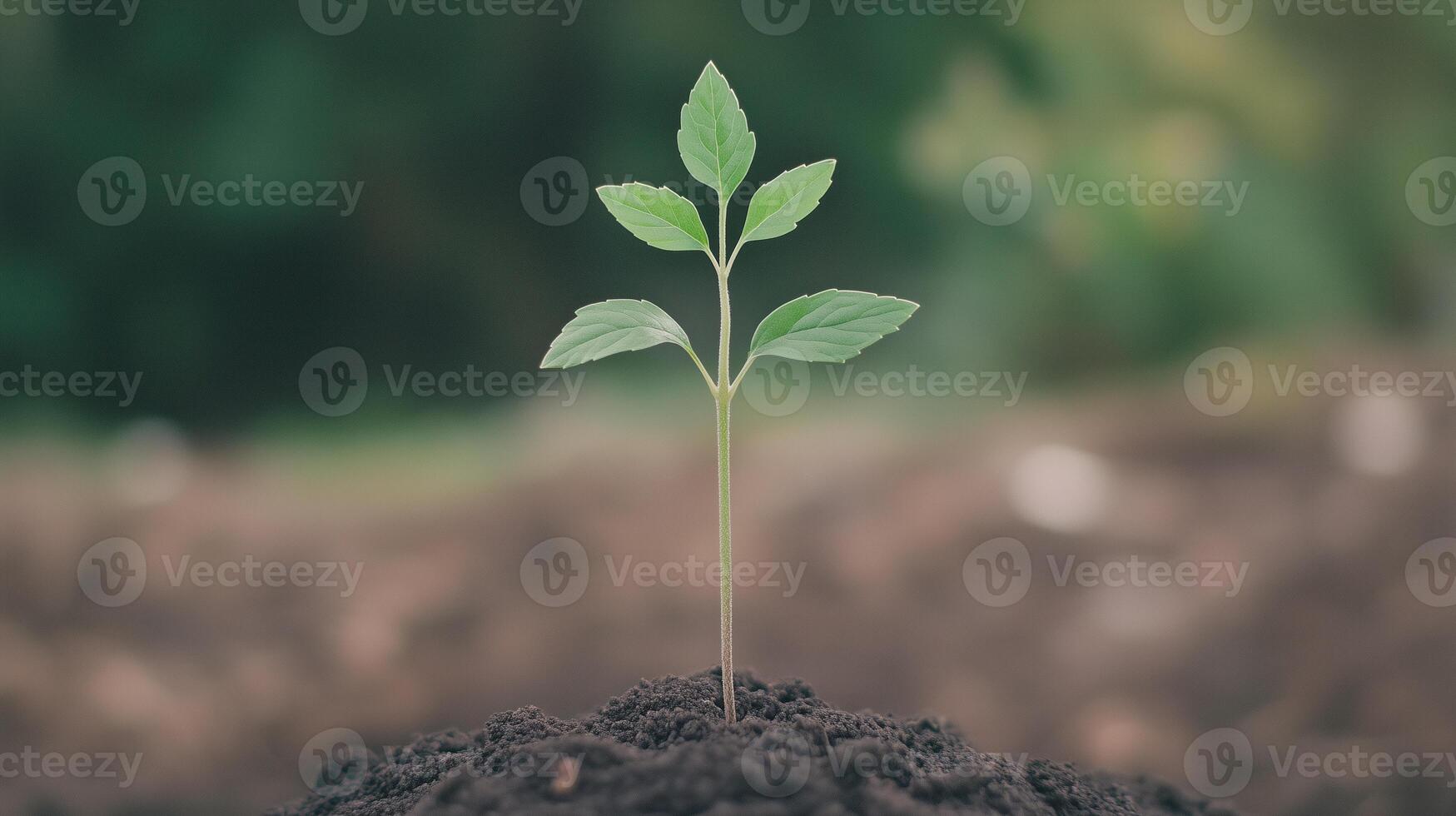 Young green plant sprouting from soil in a garden environment photo