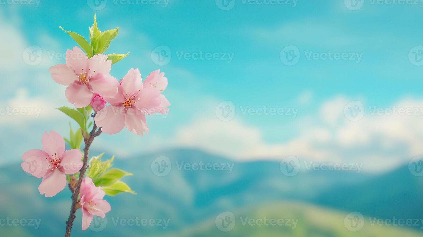 Sakura Tree Blossoms in Spring with Scenic Mountain View Under Clear Blue Sky in 4K photo