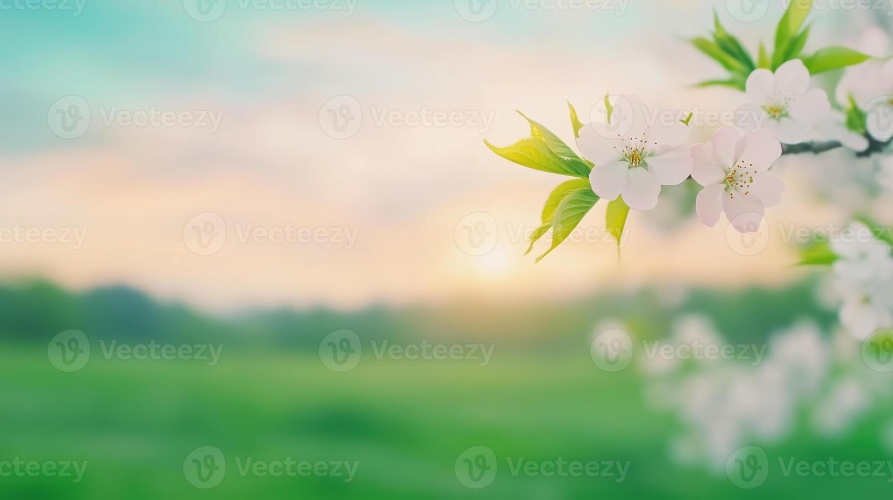 Sakura Tree With Blooming Flowers Against Soft Green Landscape, Capturing Spring's Essence and Vibrancy in 4K Art, Perfect for Seasonal, Nature, and Floral Themes in Majestic Scenes photo