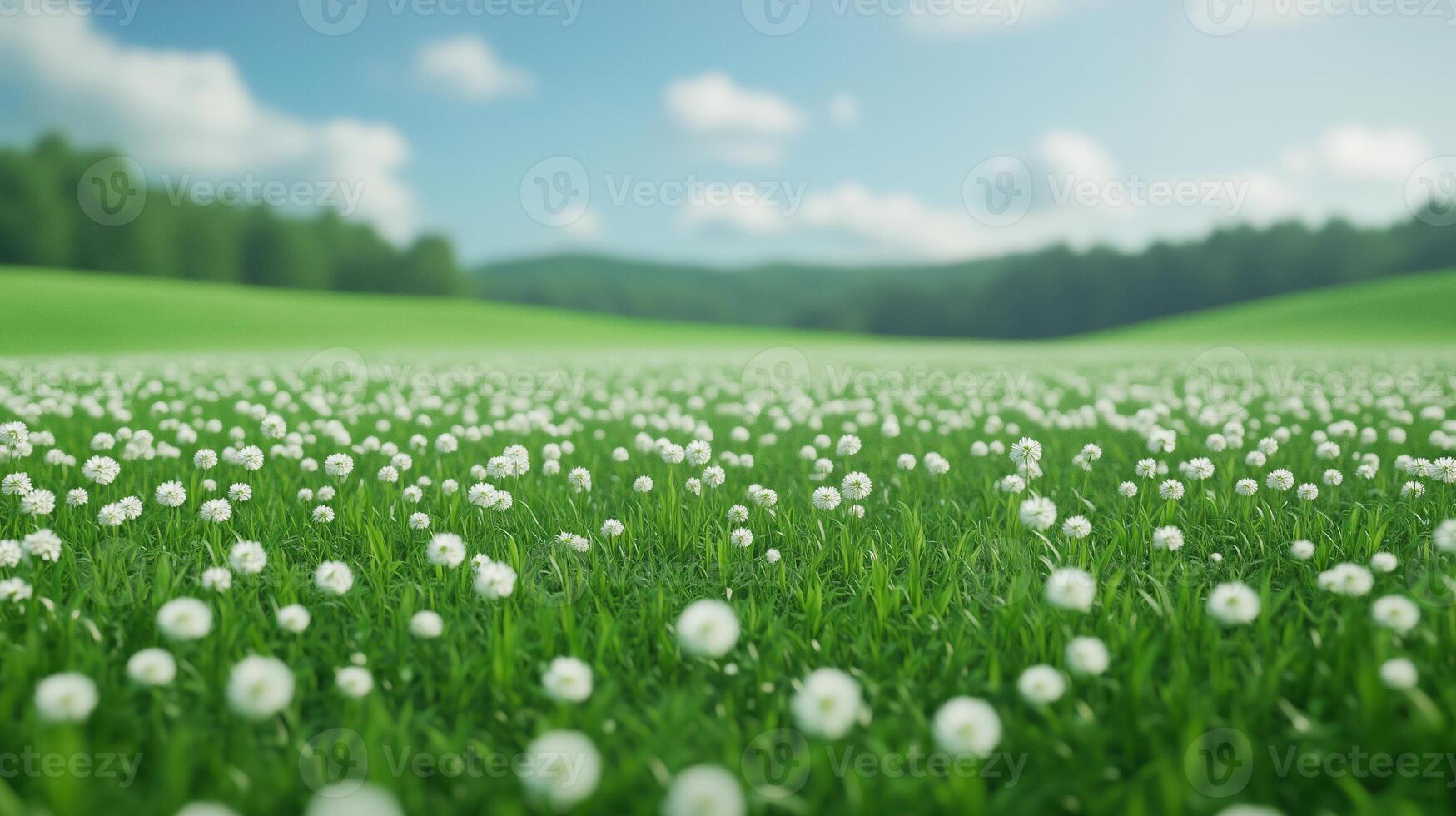 Lush Field of White Chamomile Flowers in Full Bloom with Green Meadow and Blue Sky in Spring Nature Landscape Scenery for Tranquil Beauty and Aromatherapy Concepts in Natural Settings photo