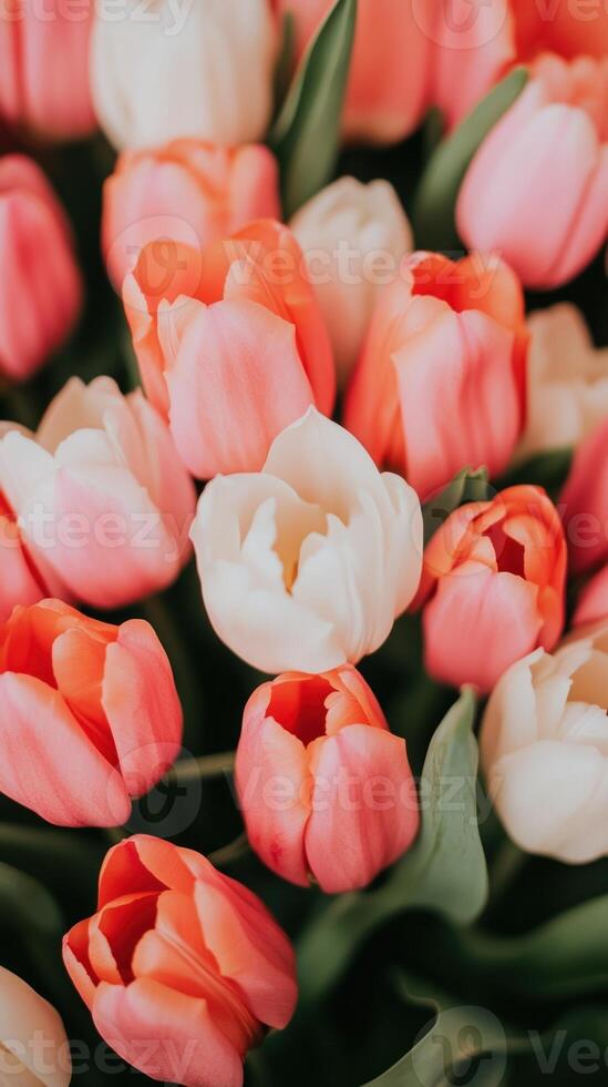 Peach, Orange, Pink, and White Tulips with Green Leaves in a Soft, Dreamy Style, Perfect for Spring Floral Decor and Wedding Invitations, Highlighting Gentle Beauty and Elegant Natural Arrangement photo