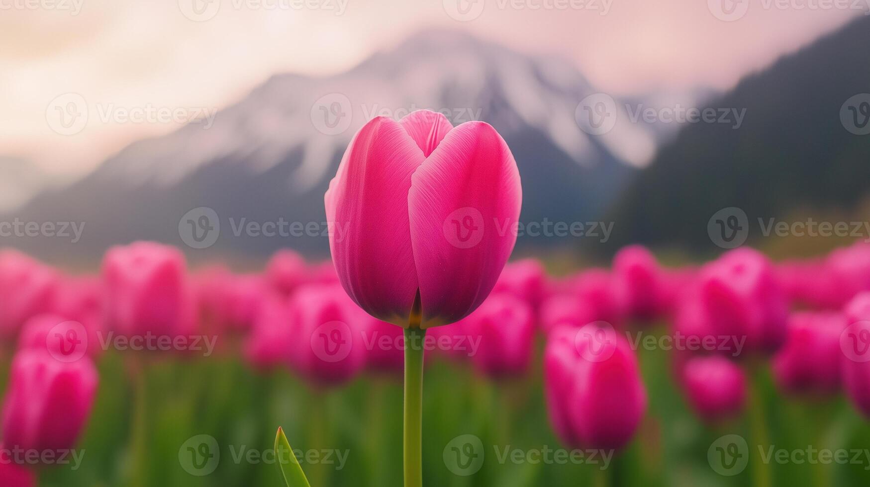 Vibrant Pink Tulip Field with Blooming Flowers Against Majestic Mountain Backdrop Showcasing Nature's Beauty in Springtime Landscape Ideal for Botanical Lovers and Nature Enthusiasts photo