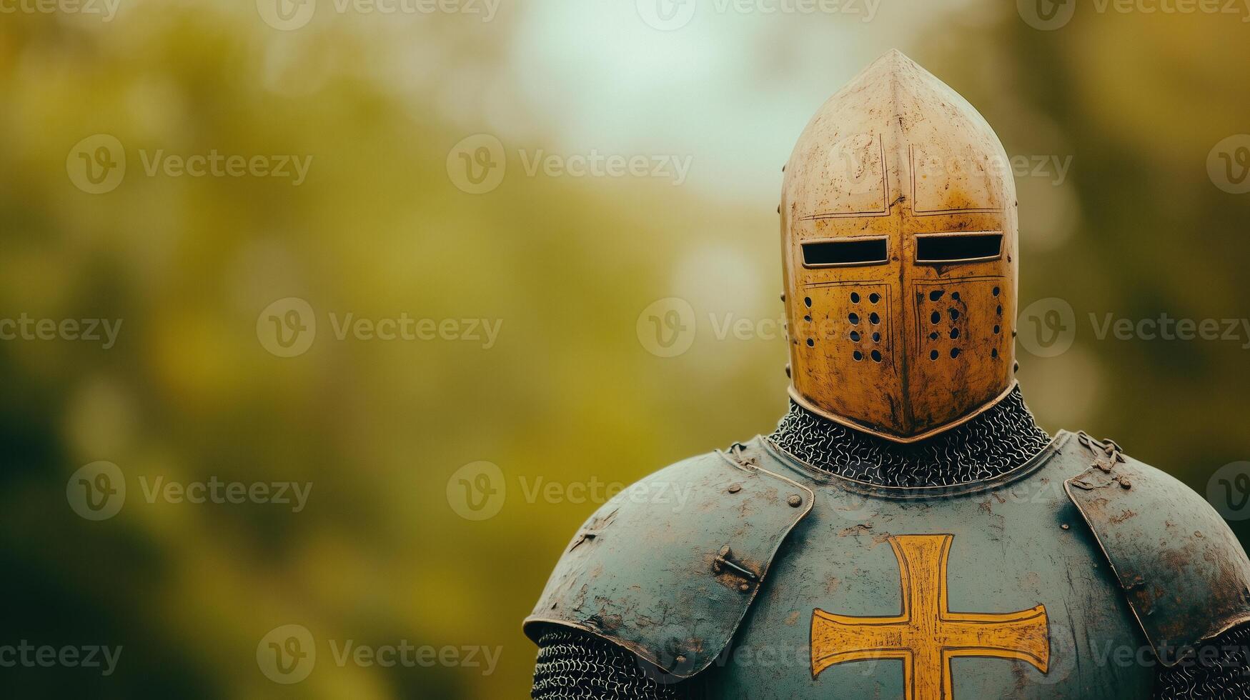 Medieval Knight Armor with Chainmail and Cross Symbol Reflecting Historical Warfare and Religious Elements in Vibrant Colors photo