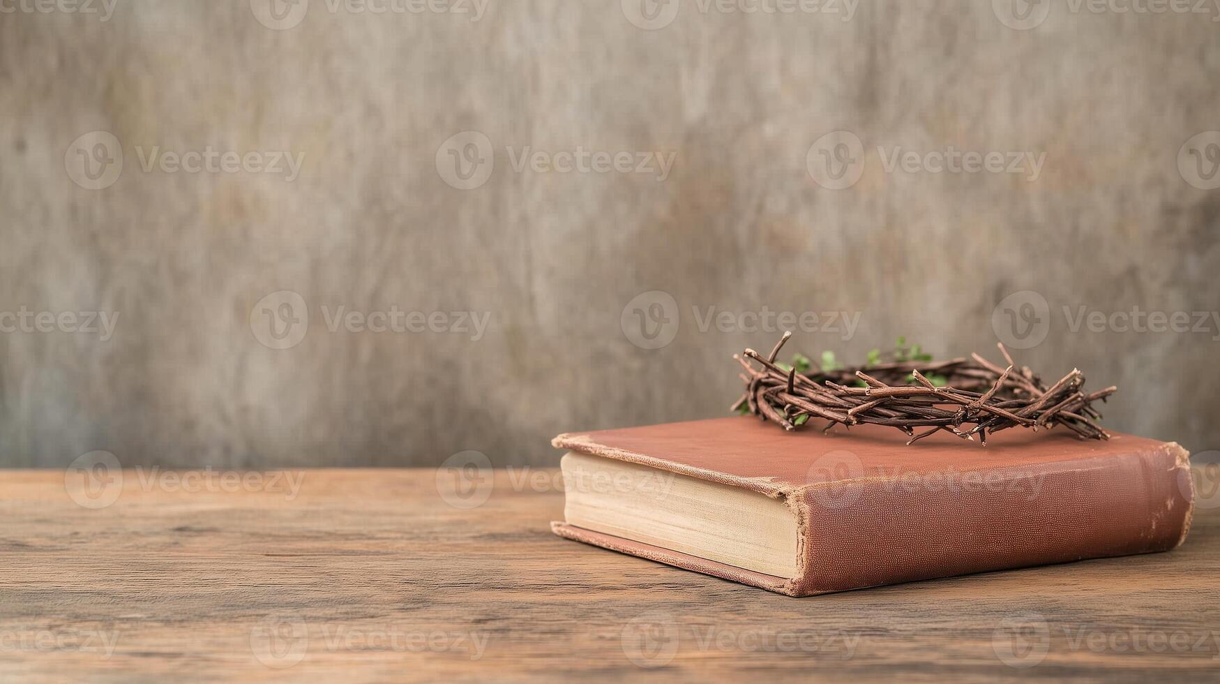 Bible and Crown of Thorns Symbolizing Faith and Sacrifice in Rustic Setting With Natural Light photo