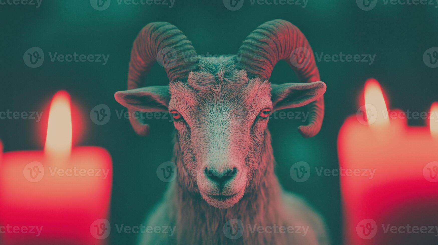 Esoteric Goat Headed Figure in Candlelit Occult Setting with Red Candles in Dark Mysterious Atmosphere for Spiritual Rituals and Mythological Themes photo