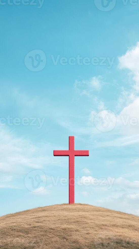 Red Cross on Hill Under Blue Sky Symbolizing Redemption and Faith, Christian Concept, Spiritual Landscape, Tranquil Scenery with Copy Space, Inspirational and Peaceful Atmosphere photo