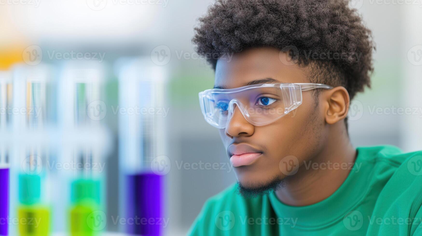 Young Man in Science Lab Wearing Safety Goggles with Colorful Test Tubes in Background for Education and Research photo