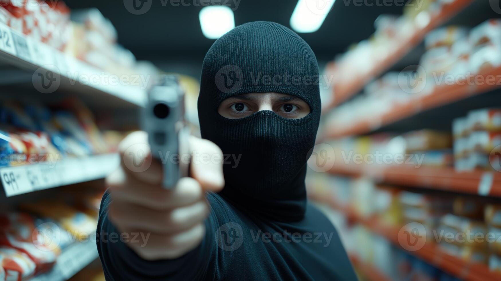 Armed Robber in Black Mask Holding Gun in Grocery Store Aisle During Heist Event Capturing Criminal Intent in Action with Focus on Menacing Expression and Imminent Threat Posed to Shoppers photo