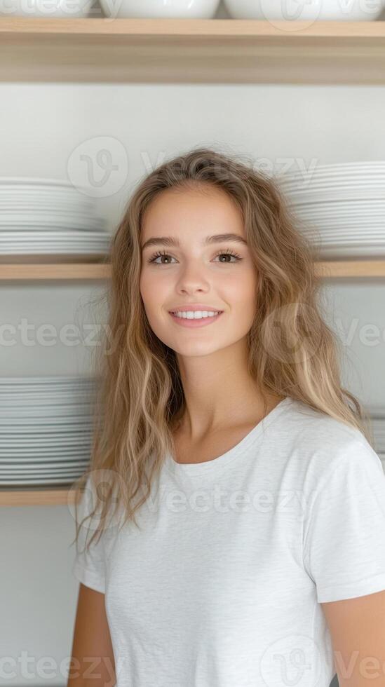 Smiling Woman Organizing White Plates in Modern Kitchen Setting for Home Decor and Daily Routine Concept photo