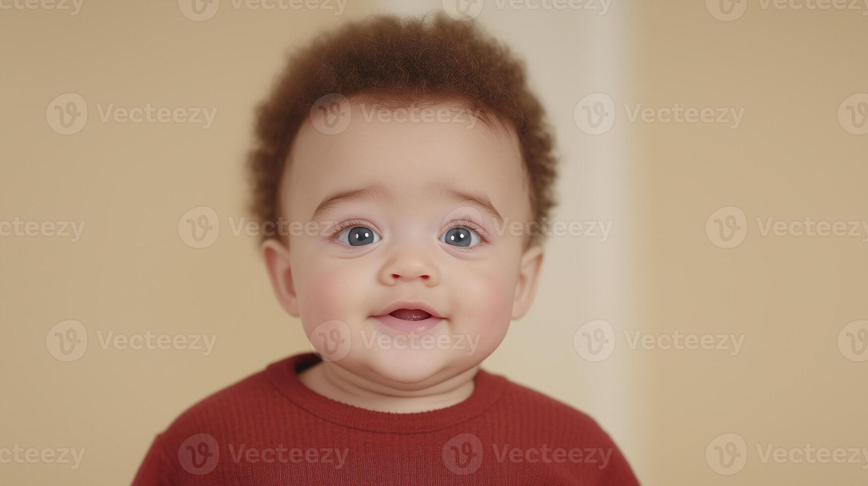 Adorable Baby With Curly Hair Smiling Indoors in a Warm Red Outfit Surrounded by Soft Light and Loving Expression Showing Joy and Innocence Perfect for Parenting or Family-Themed Concepts photo