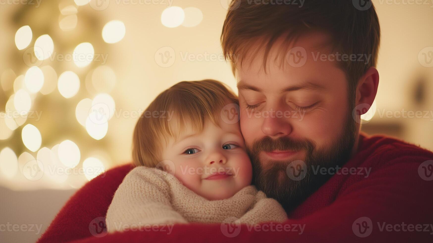 Heartfelt Moment of Father with Child, Cozy Christmas Setting, Warm Embrace, Love and Connection in Holiday Atmosphere, Gentle Fatherhood, Tender Bond, Festive Background photo