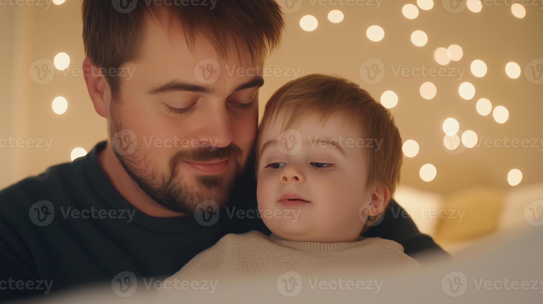 Heartfelt Bond Between Father with Down Syndrome and Child in Warm Lighting, Expressing Family Love and Connection photo