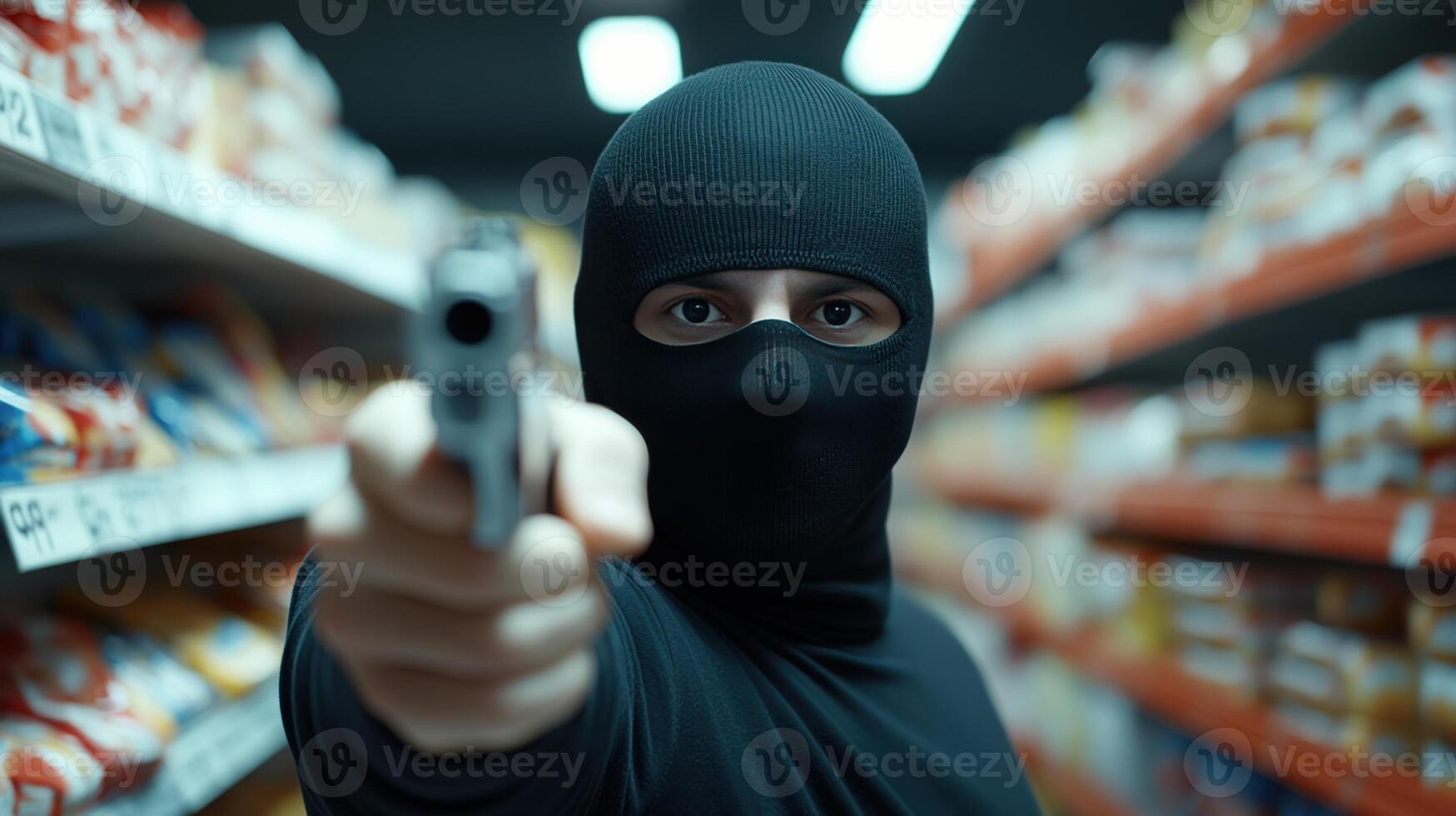 Masked Criminal Robbing Convenience Store with Gun, Close-Up, Dramatic Lighting, Tense Atmosphere, Crime Scene, Intimidating Presence, Focus on Weapon, Thief in Black, High-Stakes Robbery photo